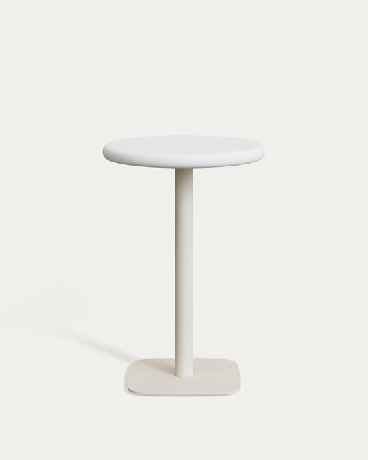 Taula rodona alta d'exterior Dina amb sobre de ciment blanc Ø70 cm i peu d'acer blanc 48x48x96 cm