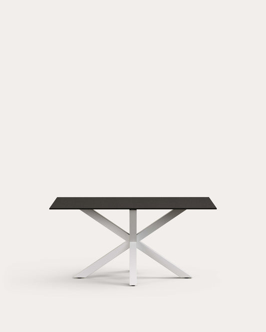 Taula Argo de vidre negre mat i potes d'acer amb acabat blanc 160 x 90 cm