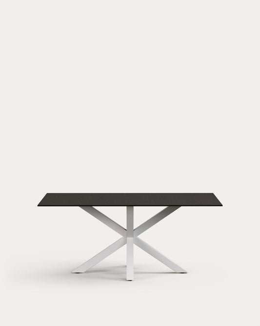 Mesa Argo de cristal negro y patas de acero acabado blanco 180x100 cm