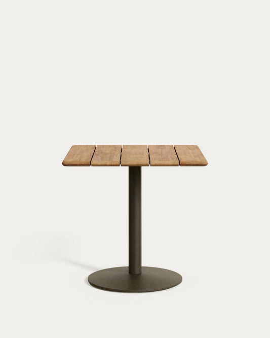 Mesa de exterior Esilda con sobre de acacia FSC 100% 80x80cm y pie de acero verde Ø55x72cm