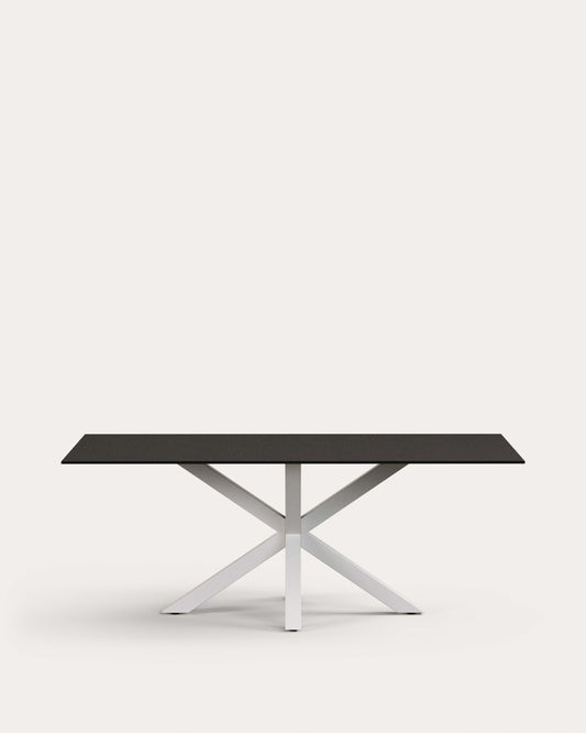 Taula Argo de vidre negre mat i potes d'acer amb acabat blanc 200 x 100 cm