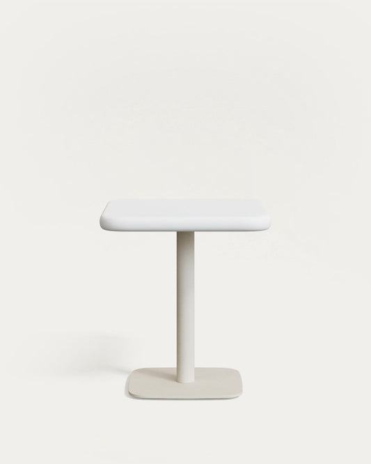 Taula d'exterior Dina amb sobre de ciment blanc 70x70 cm i peu d'acer blanc 48x48x72 cm