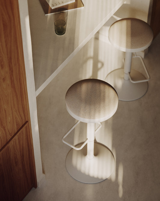 Tamboret Zaib de chenilla beix i acer blanc mat alçada 63-84 cm FSC 100%