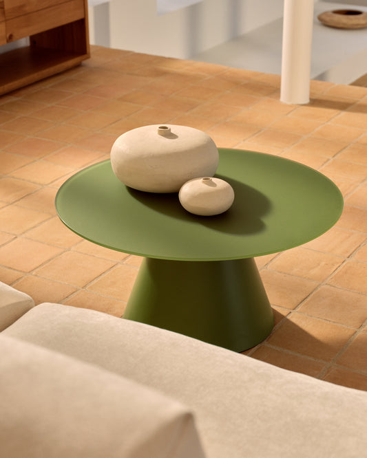 Taula de centre Wilshire de vidre temperat glaçat i acer amb acabat pintat verd mat Ø80 cm