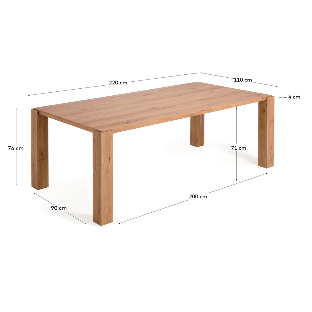 Taula Deyanira de xapa de roure i potes de fusta massissa de roure 220 x 110 cm