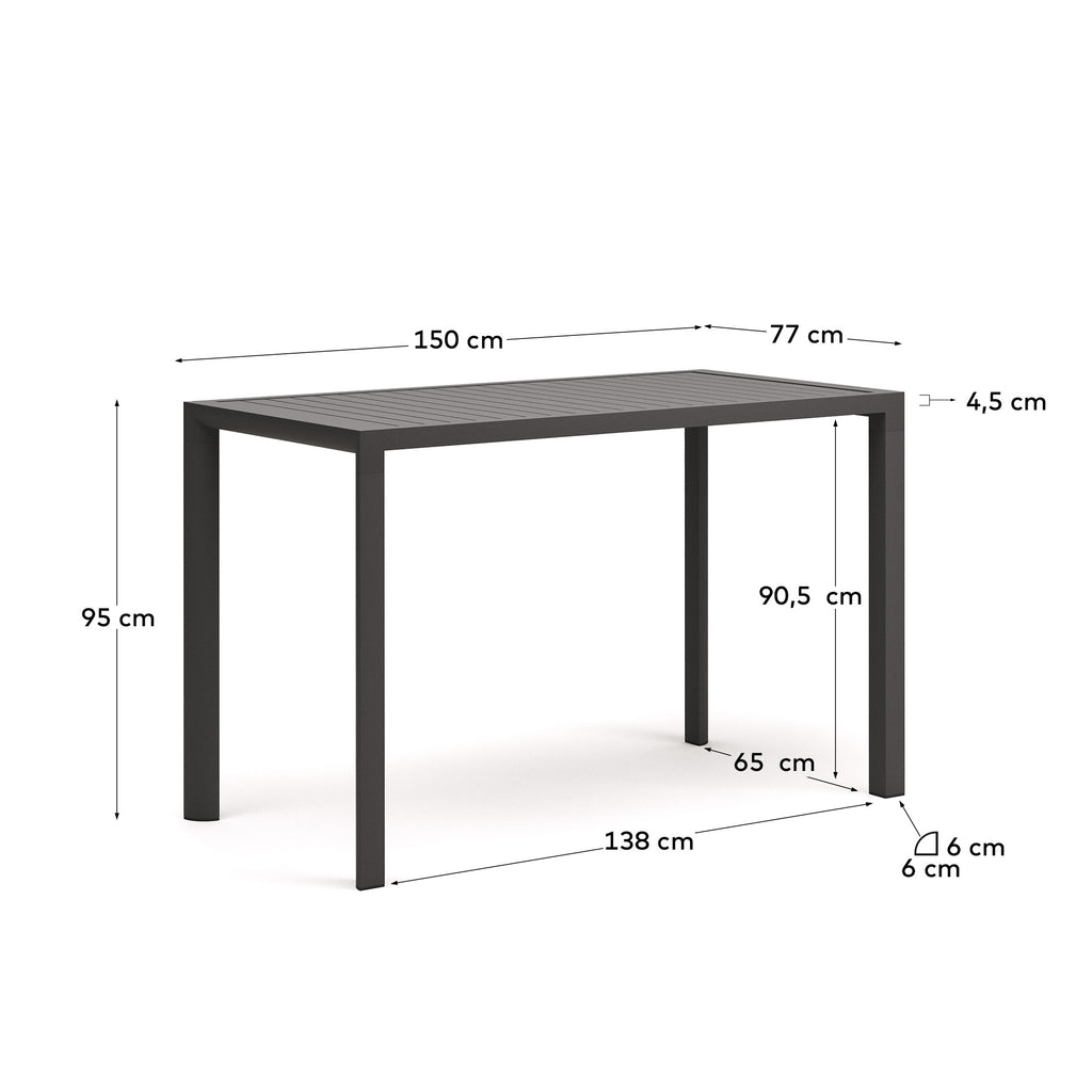 Taula d'exterior alta Culip d'alumini amb acabat gris 150 x 77 cm