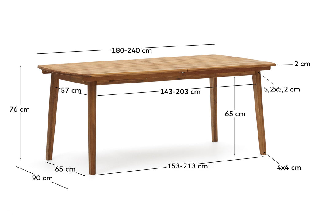 Taula extensible d'exterior Thianna de fusta massissa d'acàcia 180 (240) x 90 cm FSC 100%