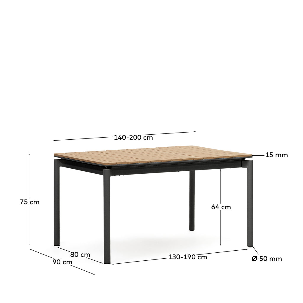 Taula extensible d'exterior Canyelles de polifusta i alumini negre mat 140 (200) x 90 cm
