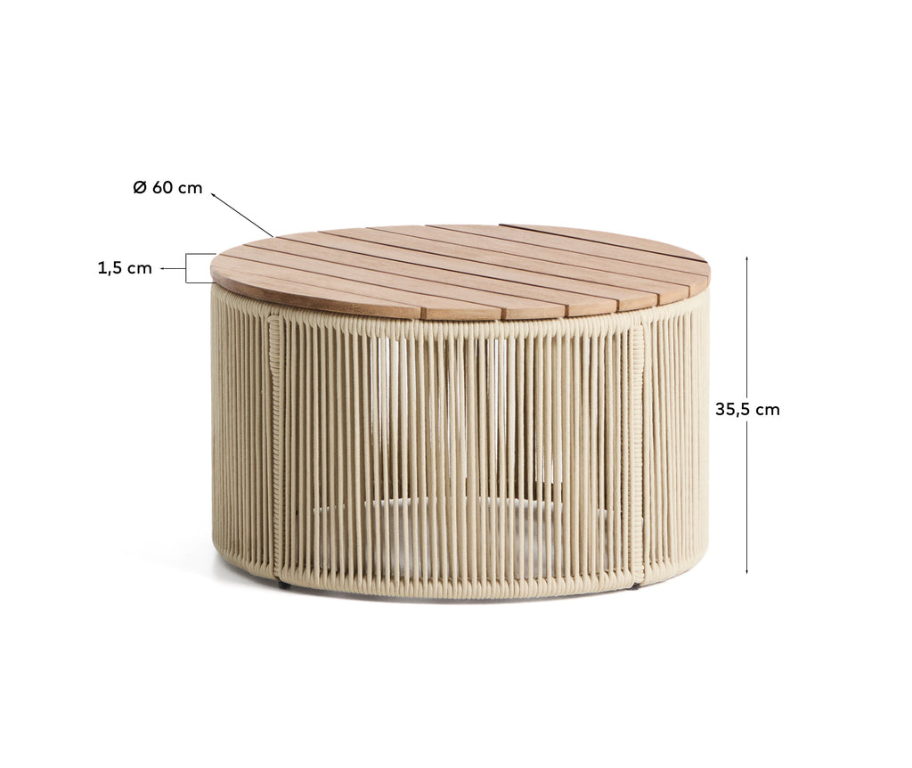 Taula de centre Dandara d’acer, corda cru i fusta massissa d’acàcia Ø60 cm FSC 100%