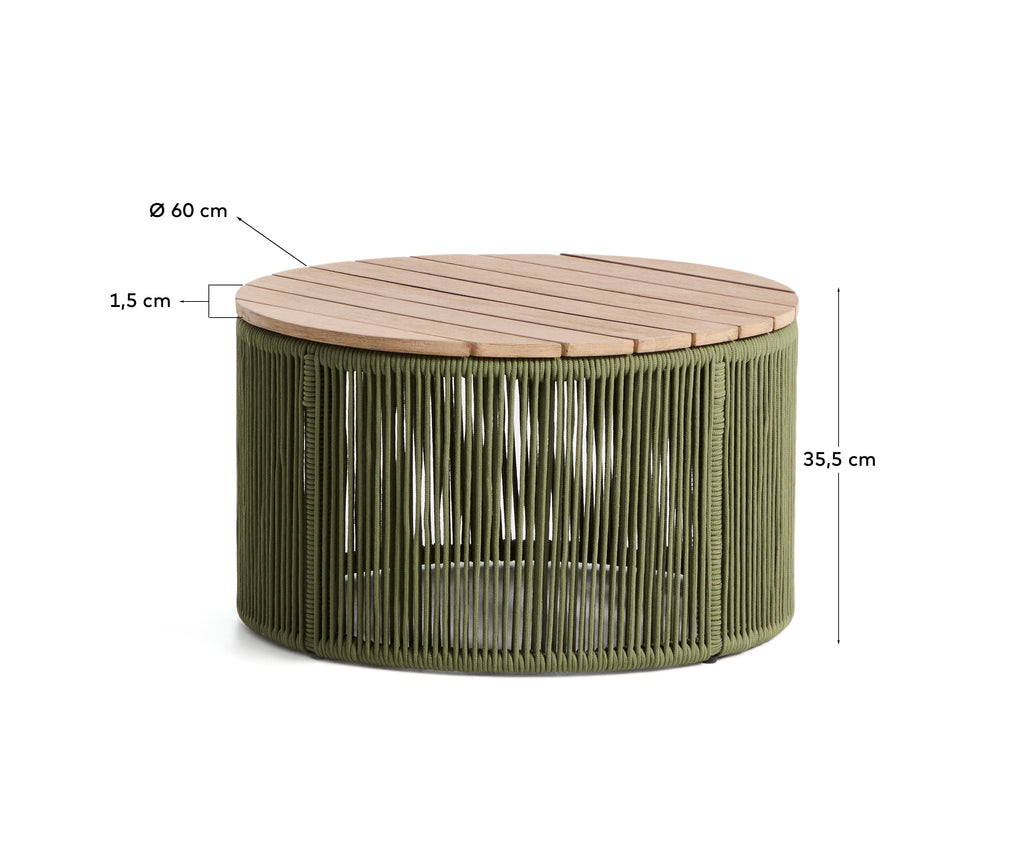 Taula de centre Dandara d’acer, corda verda i fusta massissa d’acàcia Ø60 cm FSC 100%