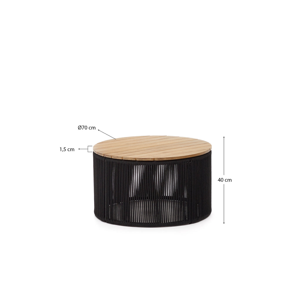 Mesa de centro Dandara de acero, cuerda negro y madera maciza de acacia Ø70 cm FSC 100%