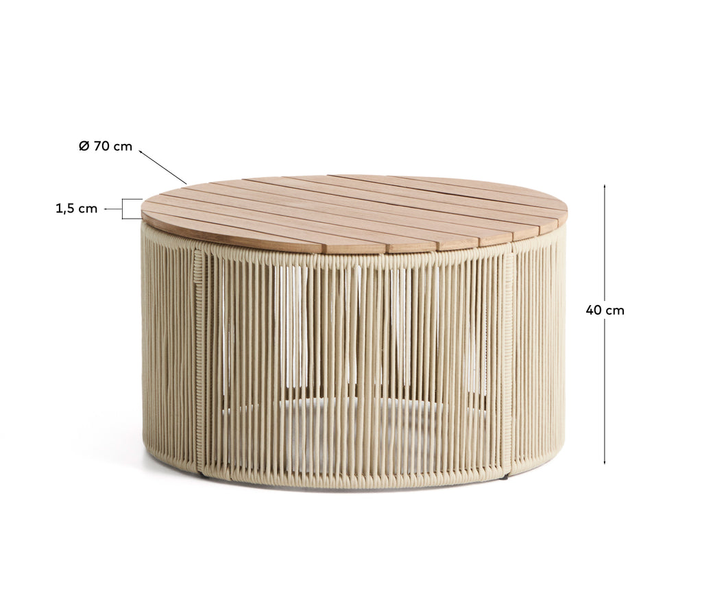 Taula de centre Dandara d’acer, corda cru i fusta massissa d’acàcia Ø70 cm FSC 100%