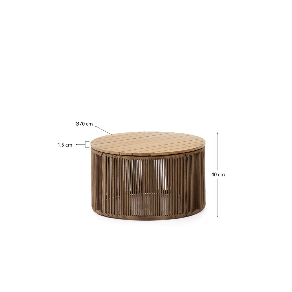 Taula de centre Dandara d'acer, corda beix i fusta massissa d'acàcia Ø70 cm FSC 100%