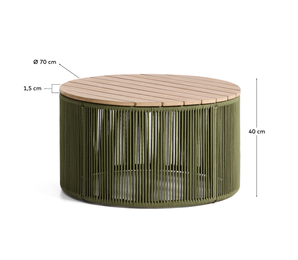 Taula de centre Dandara d’acer, corda verda i fusta massissa d’acàcia Ø70 cm FSC 100%