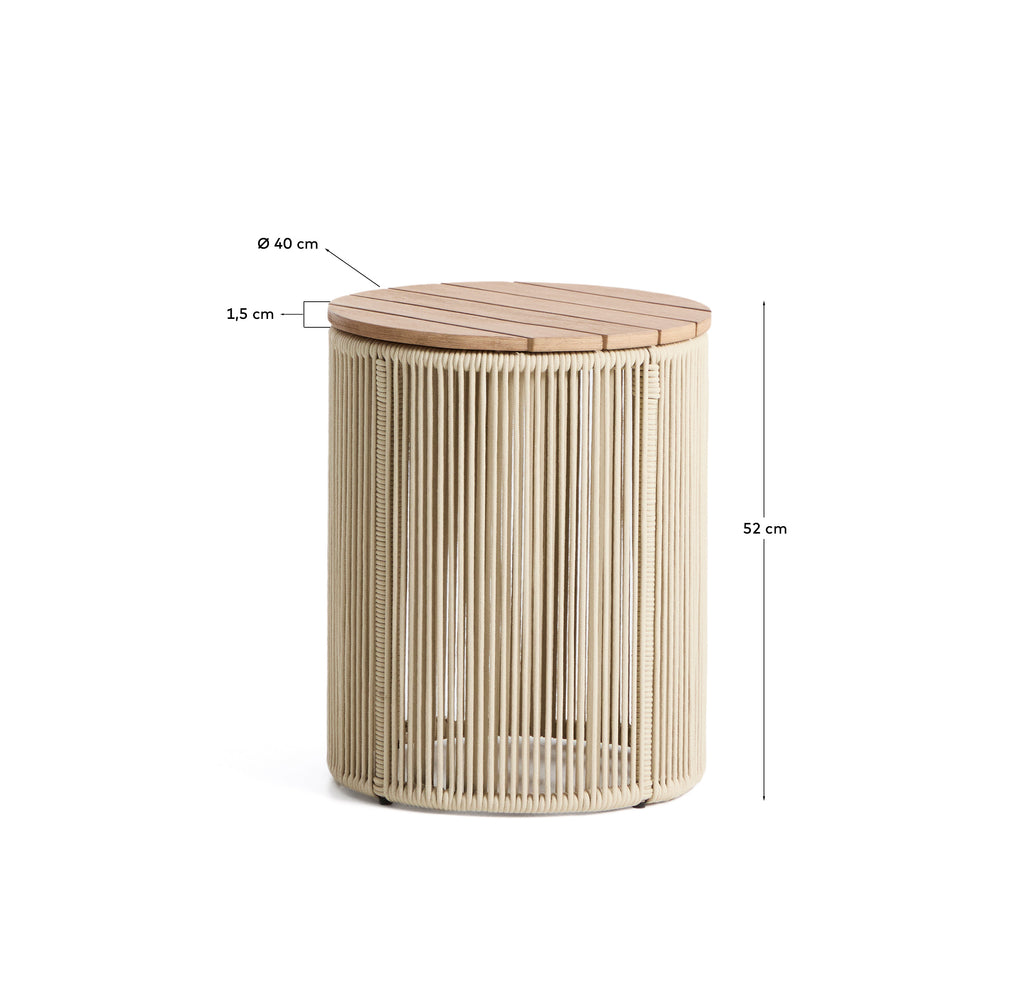 Taula auxiliar Dandara d’acer, corda cru i fusta massissa d’acàcia Ø40 cm FSC 100%