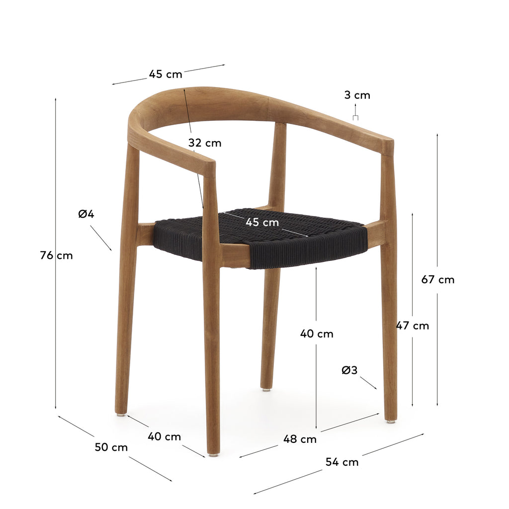 Silla apilable de exterior Ydalia de madera maciza de teca con acabado natural y cuerda negro