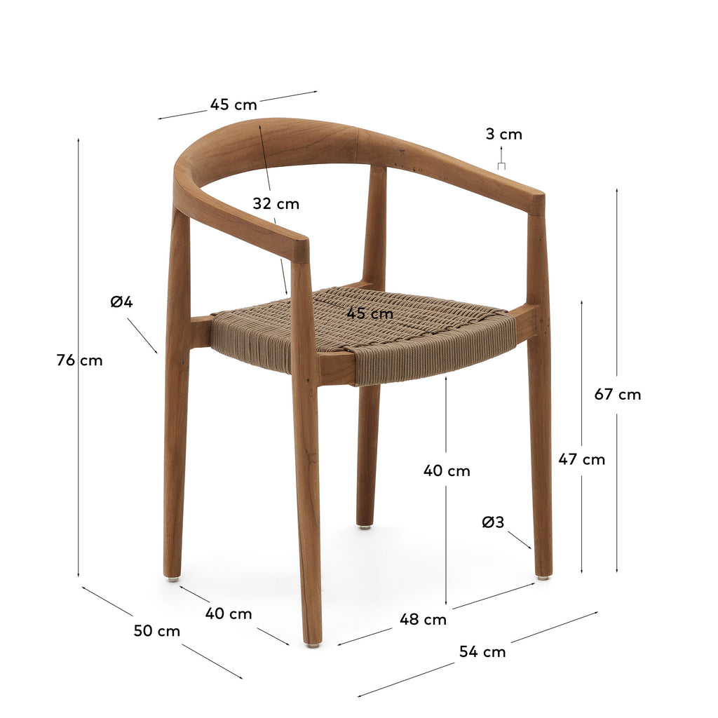 Silla apilable de exterior Ydalia de madera maciza de teca con acabado natural y cuerda beige