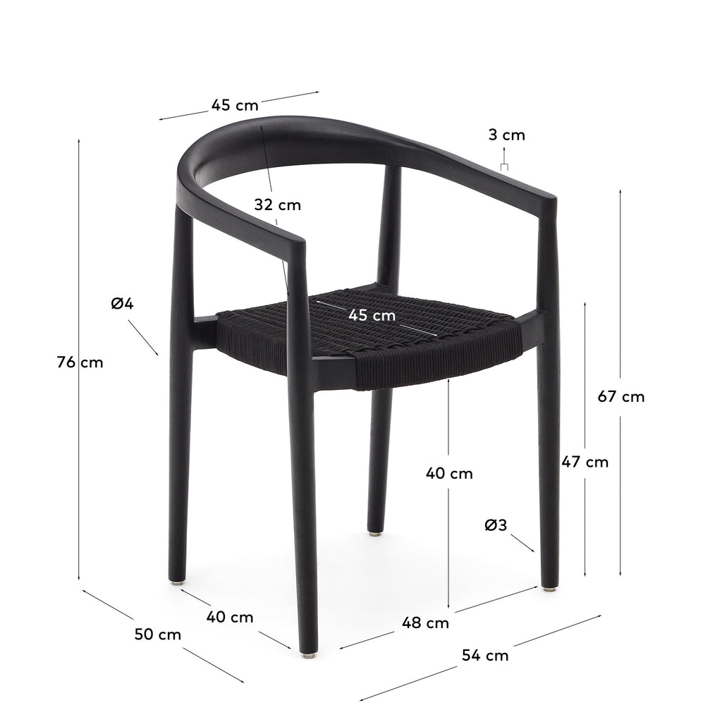 Chaise empilable d’extérieur Ydalia en bois massif de teck finition noire et corde noire