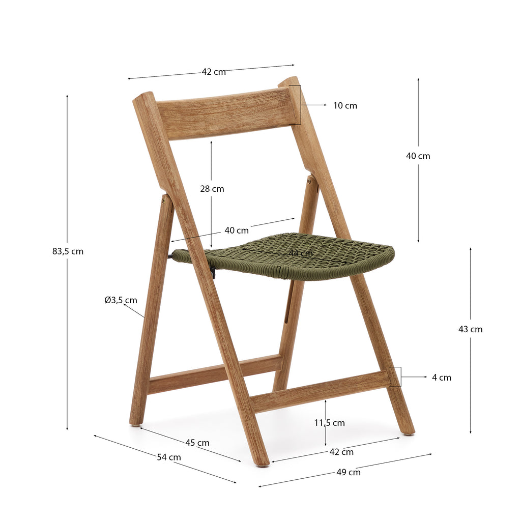 Cadira plegable Dandara, fusta massissa d'acàcia i estructura d'acer amb corda verd FSC 100%