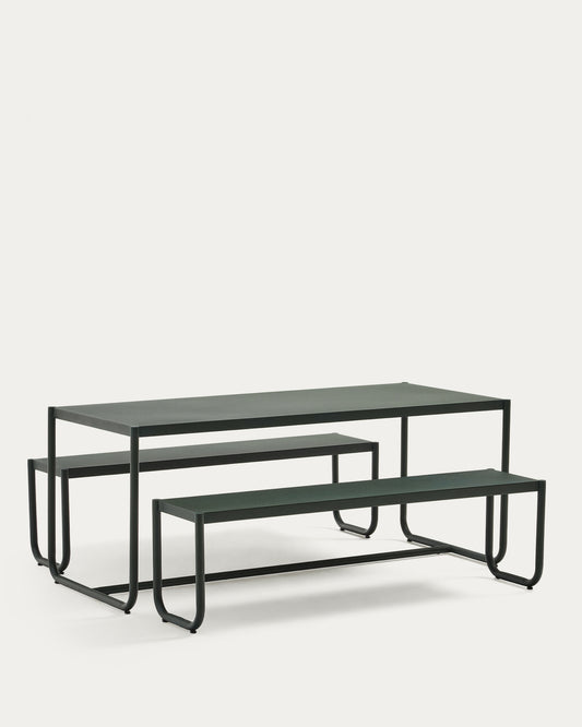 Set Sotil de 2 bancos y mesa de acero galvanizado con acabado verde 183 x 83 cm