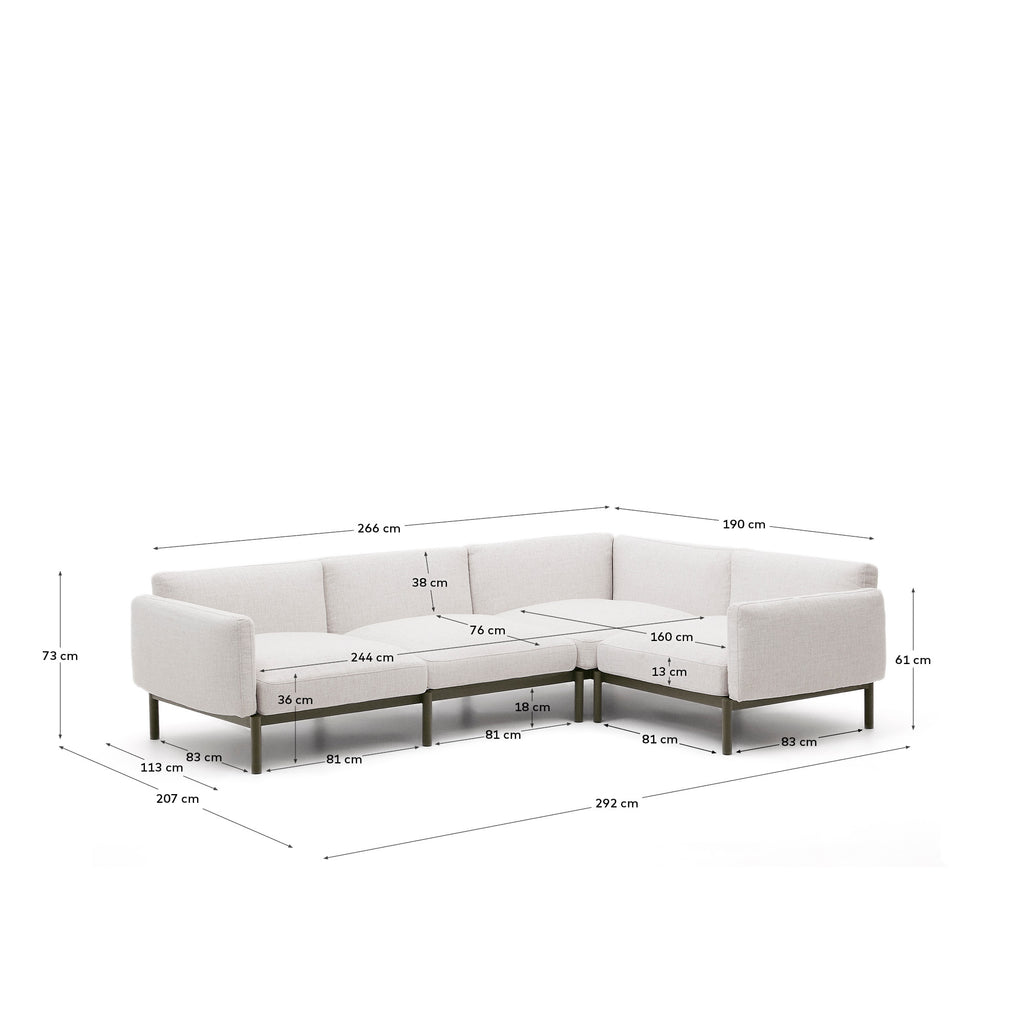 Sofà modular raconer d'exterior Sorells 5 places entapissat beix alumini verd 276x191,5 cm