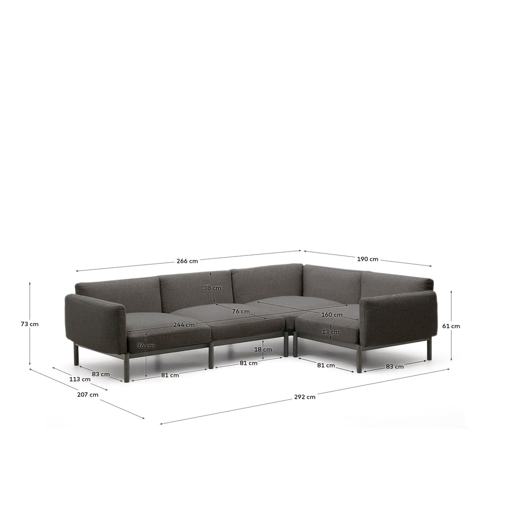Sofà modular raconer d'exterior Sorells 5 places entapissat gris alumini gris 276x191,5 cm