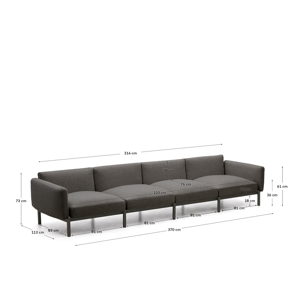 Sofà modular d'exterior Sorells 4 places amb entapissat gris i alumini gris 314 cm
