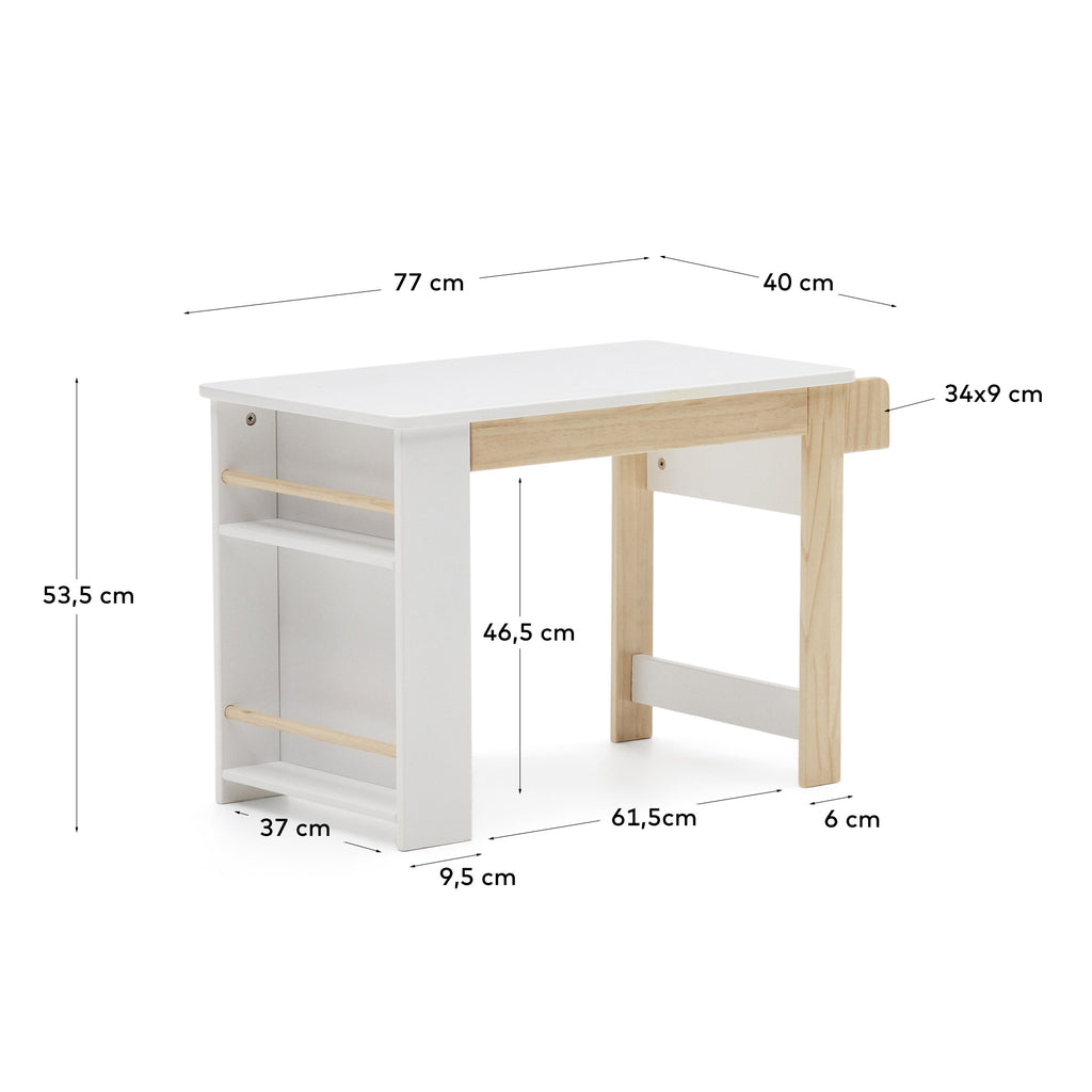 Escritorio Serwa de MDF blanco con patas y detalles de madera maciza de pino