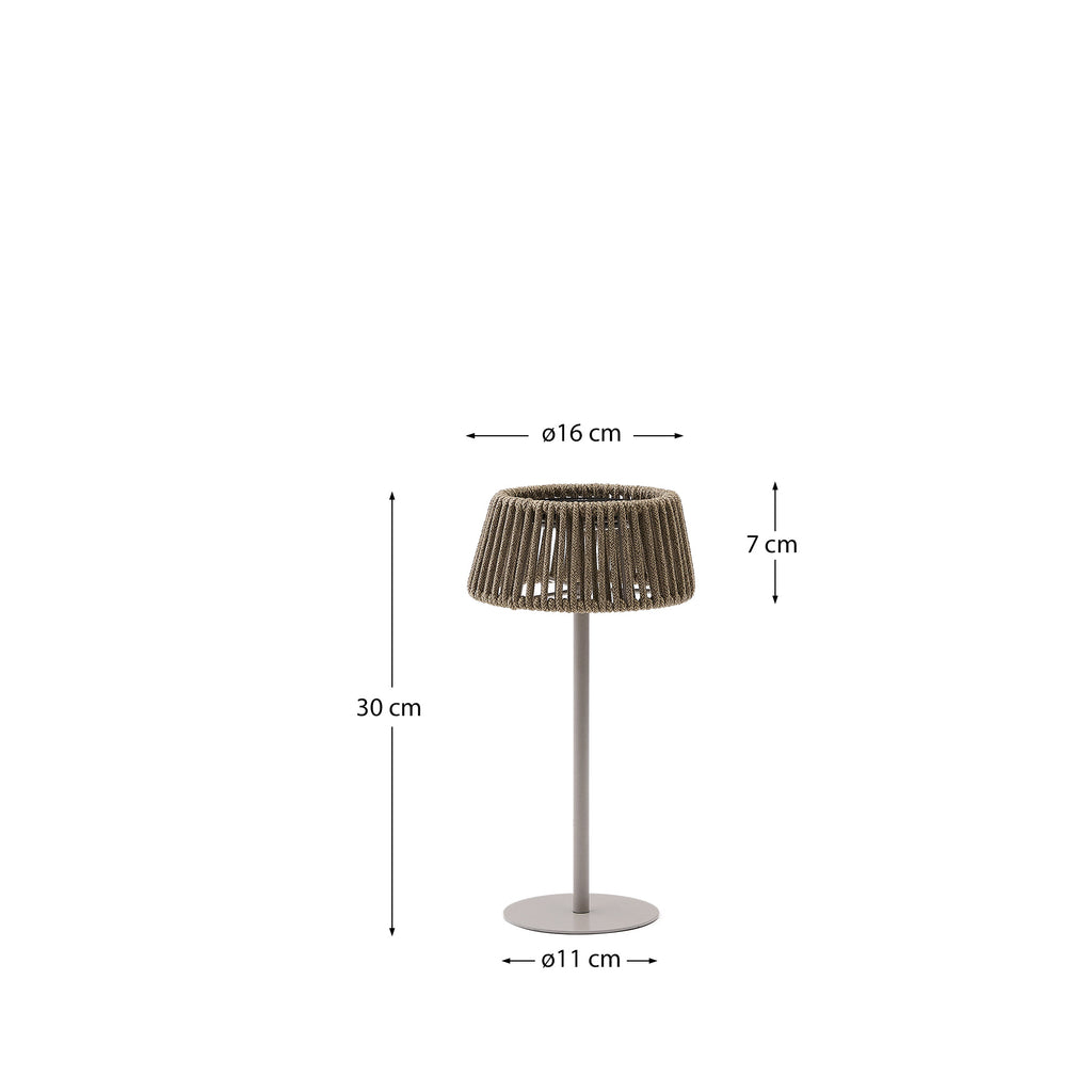 Lámpara de mesa solar para exterior Aldet de cuerda jaspeada beige y pie de metal beige