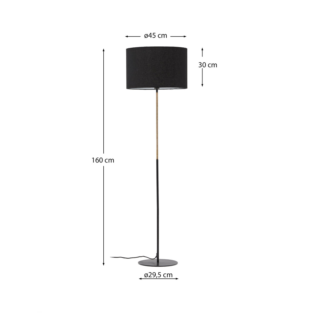 Lampe sur pied Canar en métal et rotin avec abat-jour en coton noir