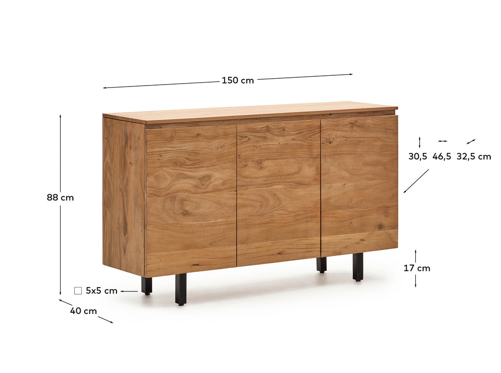 Aparador Uxue 3 portes de fusta massissa d'acàcia amb acabat blanquejat 150x8 cm