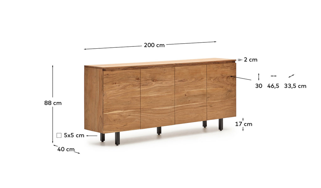 Buffet Uxue 4 portes en bois d’acacia avec finition blanchie 200 x 88 cm