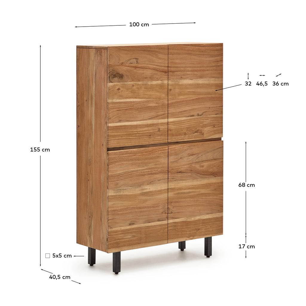Aparador alto Uxue 4 puertas de madera maciza de acacia con acabado blanqueado y acero negro 100 x 155 cm