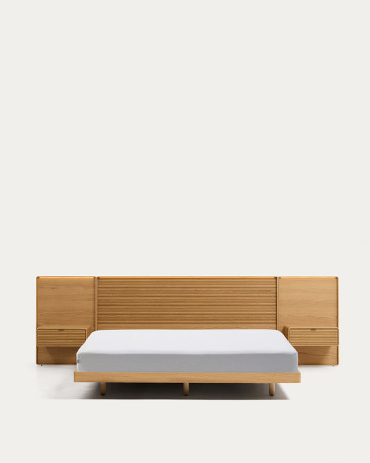 Lit Norlen avec 2 tables de nuit en placage de chêne avec finition naturelle et lumière LED pour matelas 180 x 200 cm FSC Mix Credit