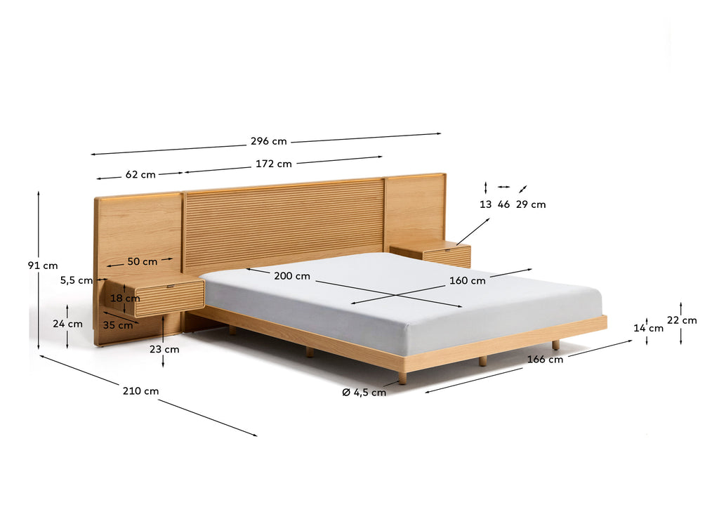 Lit Norlen avec 2 tables de nuit en placage de chêne avec finition naturelle et lumière LED pour matelas 160 x 200 cm FSC Mix Credit