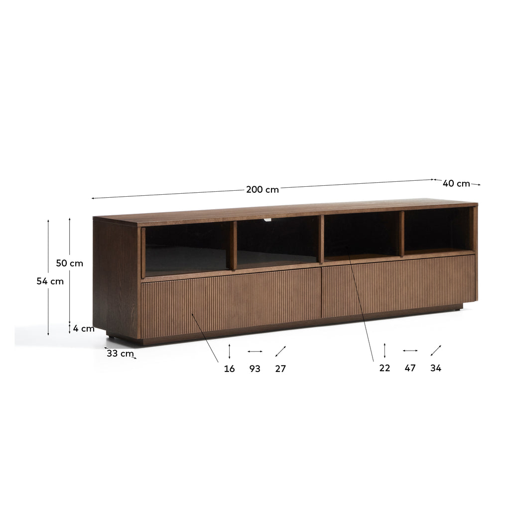 Moble TV Helvine de 4 portes i 2 calaixos de xapa de freixe amb acabat noguera fosc i vidre temperat de 200 x 54 cm FSC™ 100%