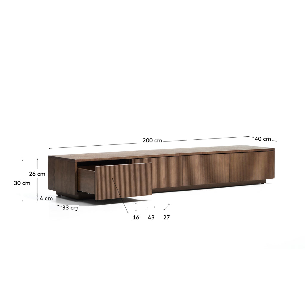 Mueble TV Helvine 4 cajones de chapa de fresno con acabado tono nogal 200 x 30 cm FSC 100%