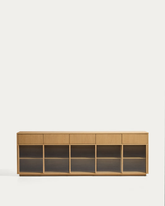 Buffet Helvine 5 portes et 5 tiroirs en placage de chêne et verre trempé 245 x 80 cm FSC 100 %