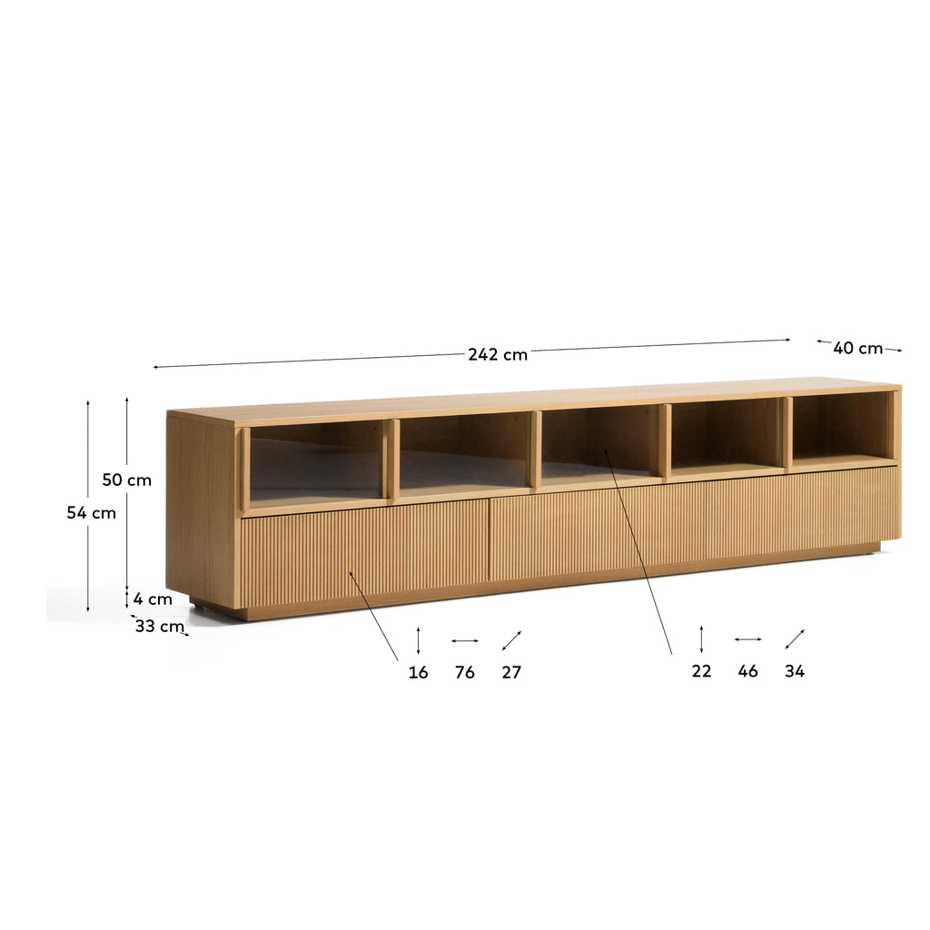 Moble TV Helvine 5 portes i 3 calaixos de xapa de roure i vidre temperat 242 x 54 cm FSC 100%