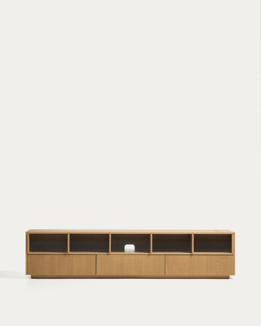 Meuble TV Helvine 5 portes et 3 tiroirs en placage de chêne et verre trempé 245 x 53,5 cm FSC 100 %