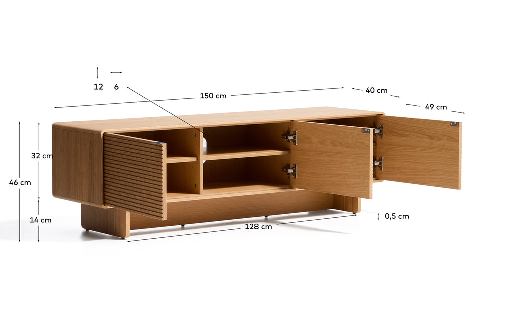 Mueble TV Norlen 3 puertas de chapa de roble acabado tono natural FSC Mix Credit 150 x 40 cm