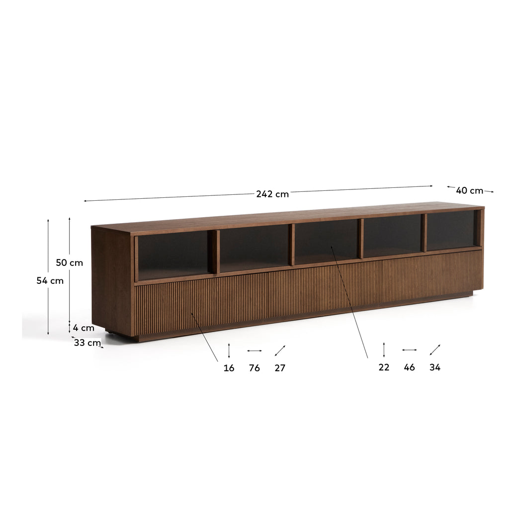 Moble TV Helvine de 4 calaixos de xapa de freixe amb acabat noguera fosc de 242 x 53,5 cm FSC™ 100%