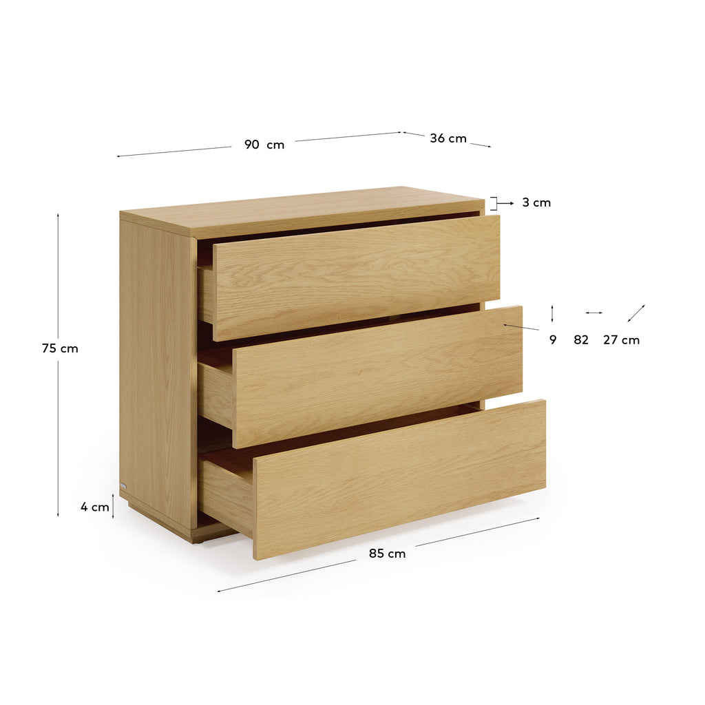 Còmoda Abilen 3 calaixos de xapa de roure 90 x 75 cm cm FSC 100%