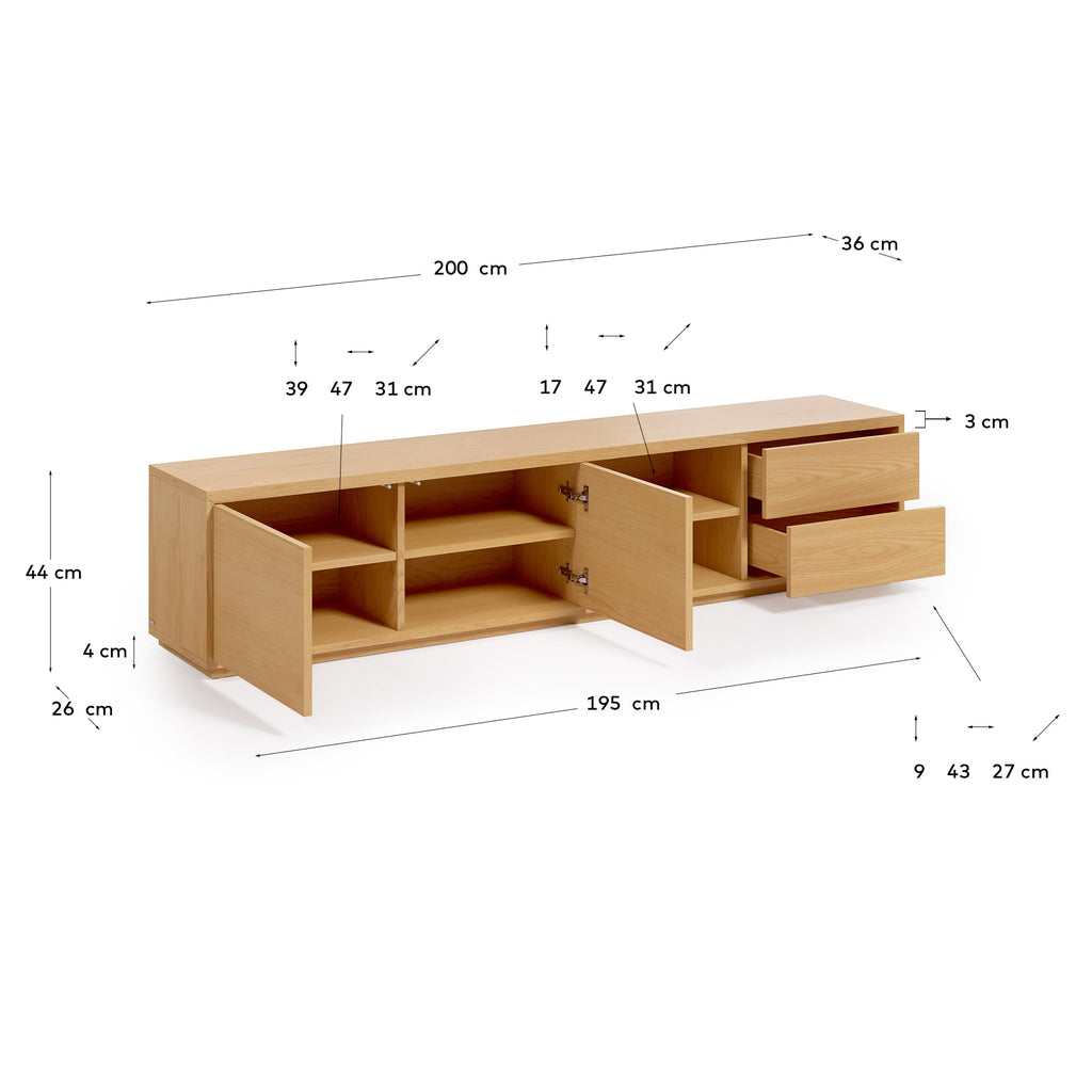 Moble TV Abilen 2 portes i 2 calaixos de xapa de roure 200 x 44 cm FSC 100%