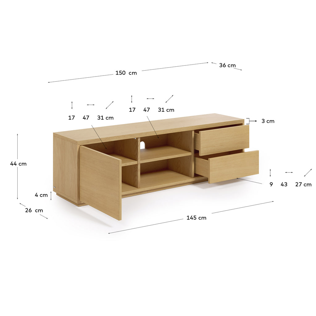 Moble TV Abilen 1 porta i 2 calaixos de xapa de roure 150 x 44 cm FSC 100%