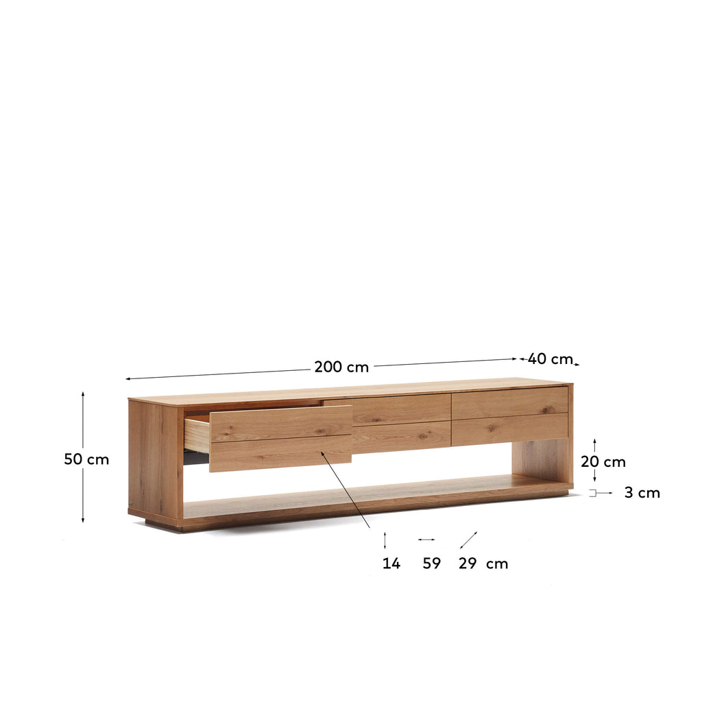 Moble TV Alguema 3 calaixos en xapa de roure amb acabat natural 200 x 51 cm