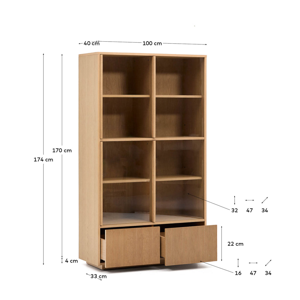 Vitrina Helvine 4 portes i 2 calaixos xapa de roure i vidre temperat 100x174cm FSC 100%