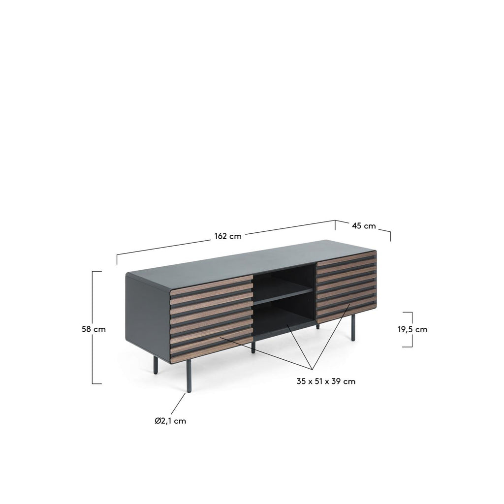 Mueble TV Kesia 2 puertas de chapa de nogal lacado negro y acero acabado negro 162 x 58 cm