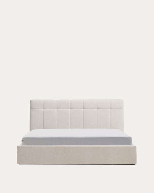 Lit avec sommier coffre Darnela en chenille écrue pour matelas de 180 x 200 cm