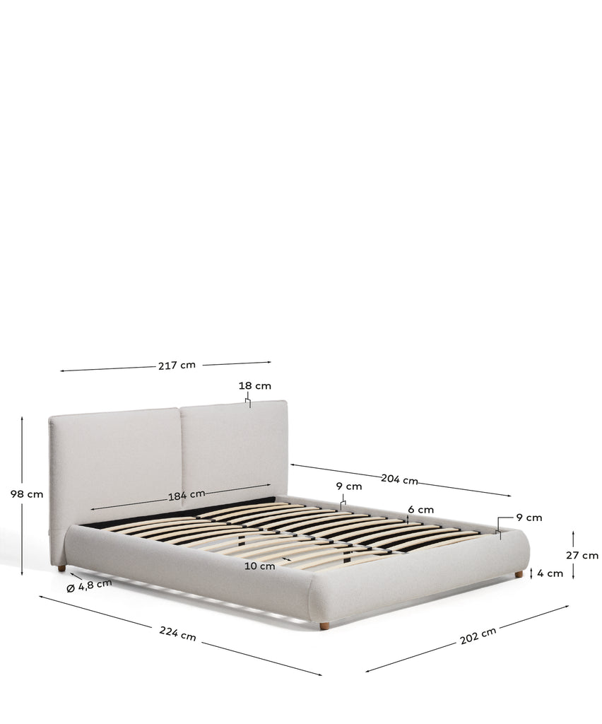 Lit Elerio en chenille écrue pour matelas de 180 x 200 cm